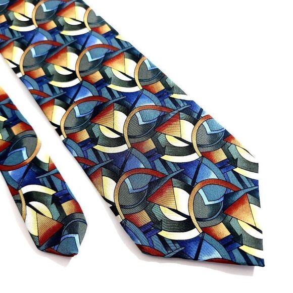 Vintage J. Garcia Collection 8 Clockworks Abstract Print Green Blue Silk Tie - Picture 1 of 7